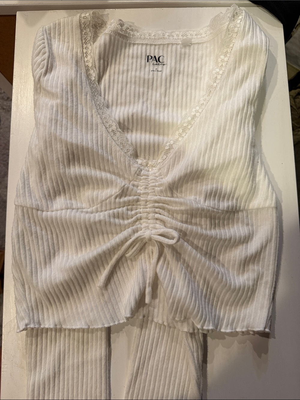 PACSUN Ribbed Lace-Trim White Drawstring Long Sleeve Top